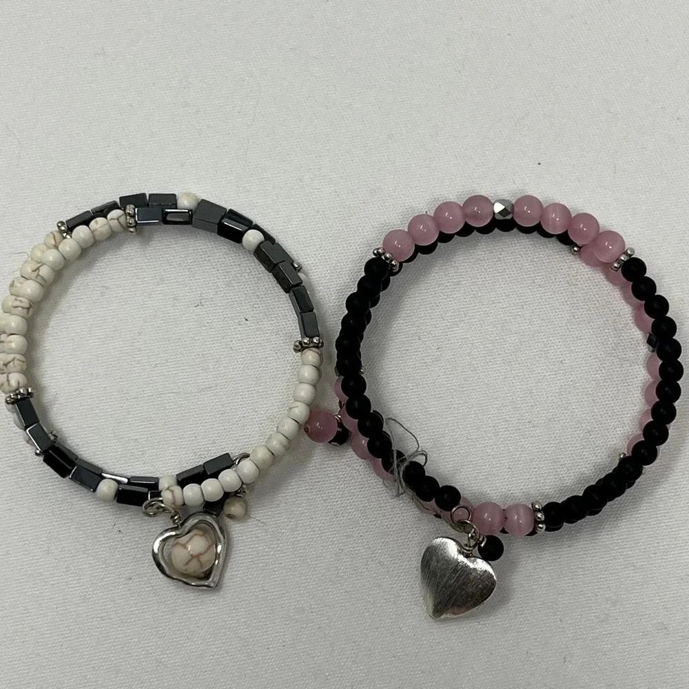 Set of 2 Beaded Heart Charm Wrap Bracelets Pink Black White Howlite Hematite Sty